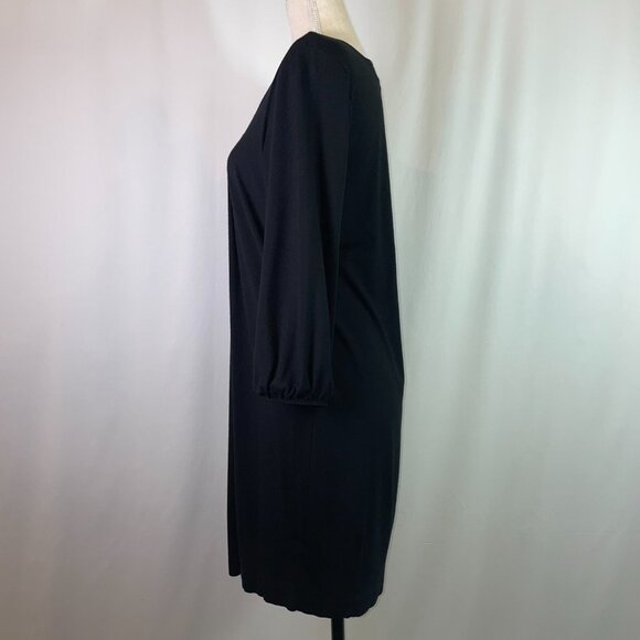 WHBM Pleated Bubble Hem Dress Black Jersey Knit 3/4 Sleeves Scoop Neck Size M - Picture 2 of 11